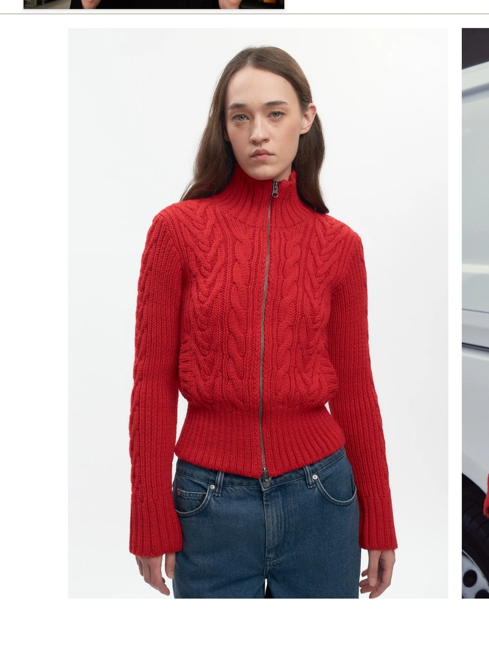 KOTN Red Cable-Knit Zip Front Sweater